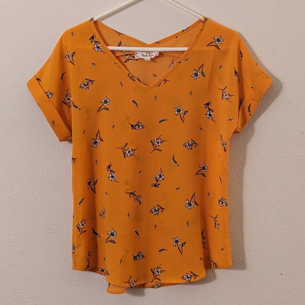 Pink Rose V Neck Orange Yellow Floral Blouse, Small, White Flower Pattern Top